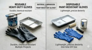 Side-by-side comparison chart showing reusable thick rubber gloves and disposable paint resistant gloves for different DIY projects.