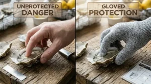 Illustration comparing the safety of using a cut-resistant glove versus a bare hand when handling sharp oyster shells.
