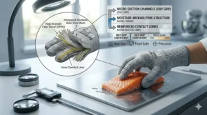 Close-up illustration of the textured palm surface on a cut resistant glove designed for handling oily or wet food products.