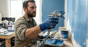 A worker using textured paint resistant gloves to firmly grip a spray gun while painting a wall.