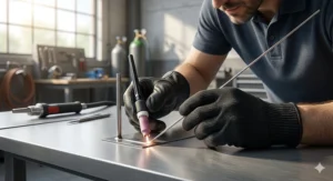 Precision TIG welding performed by a fabricator wearing thin, high-dexterity cut-resistant leather gloves.