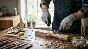Someone using butcher cut resistant gloves for oyster shucking and safe wood carving tasks.