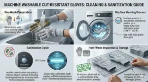 Graphic icons illustrating the sanitization and machine-washing process for food-grade cut resistant gloves.