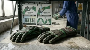 Rinsing chemical protective gloves under running water to remove residual basic compounds before storage.