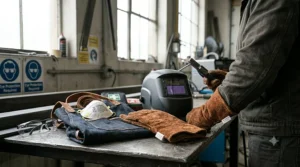 A workstation setup featuring stick welding gloves, an auto-darkening welding helmet, safety glasses, and an apron for comprehensive arc welding protection.