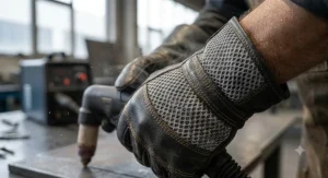 Close-up of breathable material panels found on the back of modern plasma cutting gloves.