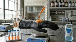 A visual demonstration of butyl rubber chemical gloves providing protection against harsh acidic substances.