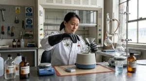 Scientist wearing butyl rubber chemical gloves while handling hazardous liquids in a laboratory.