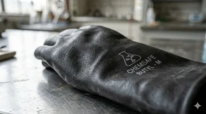 Close-up view of the durable, textured surface of professional butyl rubber chemical gloves.