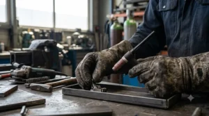 A worker wearing multipurpose welding gloves demonstrating dexterity while handling small welding components.