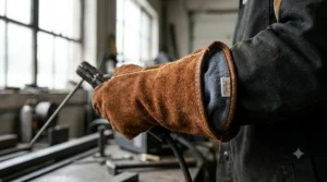 A photorealistic close-up view of the heavy-duty cowhide gauntlet cuff on a stick welding glove, showing the wrist protection and Kevlar stitching.