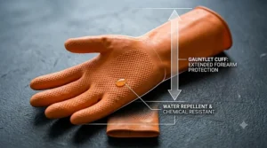 Diagram highlighting the extended cuff length of gauntlet chemical gloves for forearm protection.