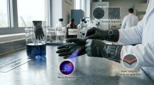 A visual checklist illustrating how to inspect Viton chemical resistant gloves for punctures or degradation before use.
