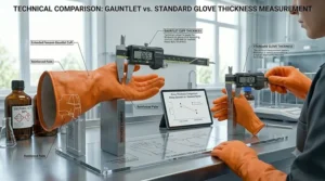 Technical illustration showing how to measure the thickness of gauntlet chemical gloves for compliance.