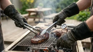 Close-up of hands using long heat resistant gloves to flip food on a charcoal barbecue grill.