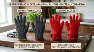 Side-by-side comparison of Aramid fiber vs. silicone materials used in heat resistant gloves.
