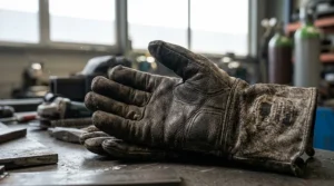 Close-up of premium heat-resistant leather texture on multipurpose welding gloves for maximum protection.