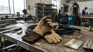 TIG welding glove holding a long, thin filler rod to demonstrate dexterity and precision.