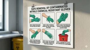 Step by step safety guide showing how to safely remove contaminated nitrile chemical resistant gloves without touching the skin.