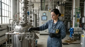 Worker in a chemical manufacturing plant wearing high-resistance butyl rubber chemical gloves.