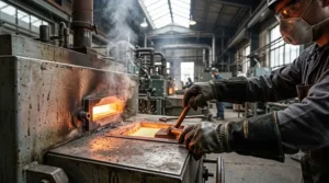 Worker wearing heavy-duty heat resistant gloves while operating industrial machinery.