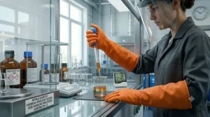 A technician wearing chemical-resistant gauntlet gloves while working with acid solutions in a lab.