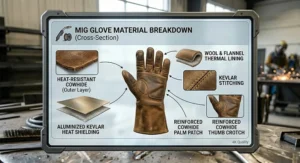 Labeled diagram highlighting the heat-resistant cowhide and thermal lining of MIG welding gloves.