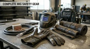 A complete set of personal protective equipment featuring MIG welding gloves, a helmet, and a leather apron.