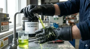 Close-up of neoprene chemical resistant gloves protecting hands from hazardous liquid splashes.