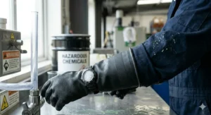 Extended cuff design of neoprene chemical resistant gloves providing extra forearm coverage.