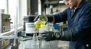 Technician wearing neoprene chemical resistant gloves while handling chemical beakers in a lab.