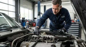 Mechanic working on an engine using black nitrile chemical resistant gloves to prevent oil and solvent exposure.