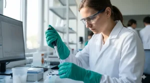 Scientist holding a glass beaker while wearing green nitrile chemical resistant gloves for safety.