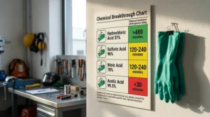 A chemical breakthrough time guide for heavy duty nitrile chemical resistant gloves against common industrial acids.
