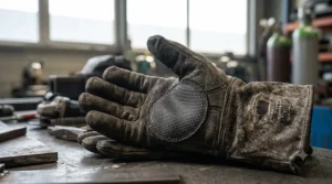 Reinforced palm grip on multipurpose welding gloves providing stability when handling heavy metal tools.
