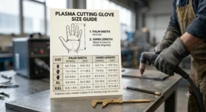 Size guide chart helping users select the correct fit for professional plasma cutting gloves.