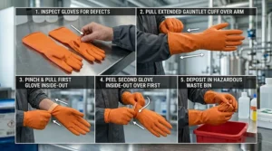 Step-by-step visual guide on the correct way to put on and remove gauntlet chemical gloves safely.