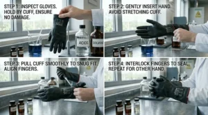 Step-by-step visual guide on the correct procedure for donning Viton chemical resistant gloves to prevent contamination.