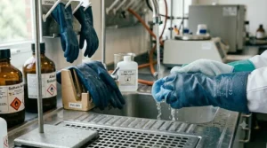 A display of a clean, dry, and organized storage rack for keeping PVC chemical resistant gloves away from direct sunlight.