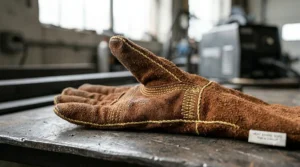 A detailed, photorealistic view highlighting the reinforced Kevlar stitching on the thumb and palm area of heavy-duty stick welding gloves.