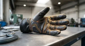 Detailed view of the reinforced Kevlar stitching on high-durability plasma cutting gloves.