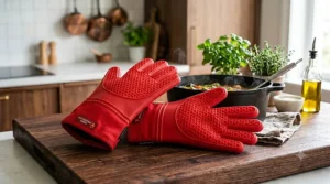 Brightly colored silicone heat resistant gloves with a textured grip pattern for baking.