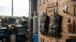 Properly hung pair of multipurpose welding gloves to maintain shape and ensure longevity after use.