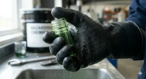 Detailed view of the non-slip, textured grip on neoprene chemical resistant gloves.
