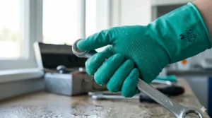Hand wearing textured nitrile chemical resistant gloves to show the non slip grip design for wet environments.