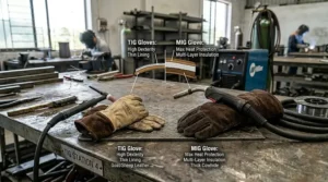 A side-by-side comparison chart showing the structural differences between TIG and MIG welding gloves.