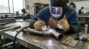 A welder wearing TIG welding gloves while performing precision welding on a stainless steel pipe.