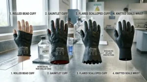 Diagram highlighting different cuff styles available for Viton chemical resistant gloves to ensure optimal wrist protection.