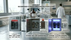 Illustration showing the recommended cool, dark storage conditions for maintaining the integrity of Viton chemical resistant gloves.