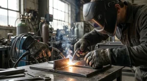 A welder carefully working with metal using specialized leather heat resistant gloves.